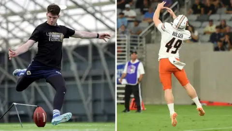 Mark McNamee (left) during a Pittsburgh Steelers kicking clinic in Dublin last year and Ross Bolger (right) in American Football action for Idaho State University in 2023