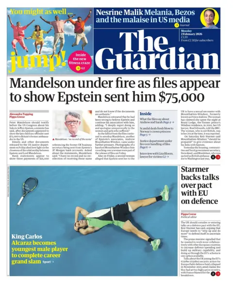 "Mandelson under fire as files appear to show Epstein sent him $75,000 (£54,800)," reads the headline on the front page of the Guardian.