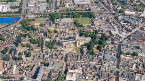 An aerial show of the City of Gloucester and Gloucester Cathedral, Gloucestershire, 2021