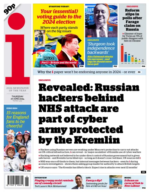 Front page of the i newspaper with a lead story about Russian hackers