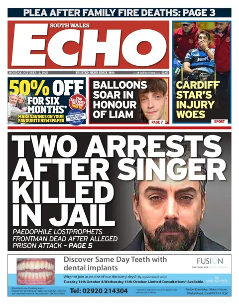 South Wales Echo Main headline: 'two arrests after singer killed in jail', and above it are two images, with headlines that read (left to right) 'balloons soar in honour of liam' and 'cardiff star's injury woes'