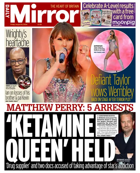 The headline in the Mirror reads: "Matthew Perry: 5 arrests". 