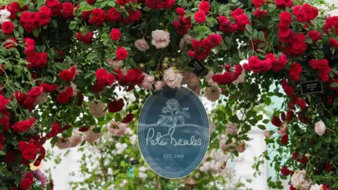 Keith Mindham An archway of red and pink roses. A blue sign is hanging from the archway below which reads "Peter Beales Est 1968" in white lettering.
