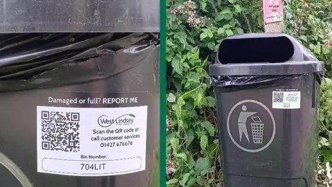 West Lindsey District Council A collage of two images of a black litter bin showing a QR code on it. Above the QR code are the words Damaged or full? Report me.