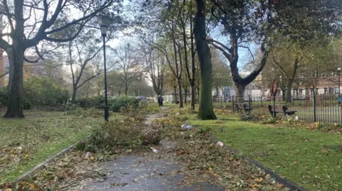 BBC A park pathway covered with fallen branches, leaves, and scattered debris after Storm Ciaran in 2023. The sky is partly cloudy and houses can be seen in the background beyond the Parade.