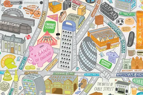 Angry Dan Illustrated map of London with drawings representing various places in the city with close up of illustrations around the "Cheese Grater tower"