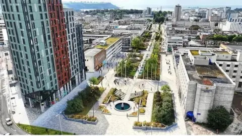 Plymouth City Council The plan for Armada Way in Plymouth with trees down a central avenue.