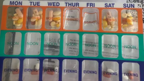 A blister pack containing tablets named Monday to Sunday and is labelled Morning , Noon and Evening. Colour coded Orange for morning, green for noon and blue for evening medication.