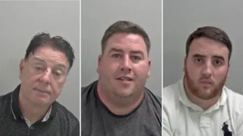 The photos of three men are side by side. The man on the left has a cut on his nose and is wearing a black and grey top. The one in the middle has stubble on his face and is wearing a grey top. The man on the right has a brown beard and is wearing white. 