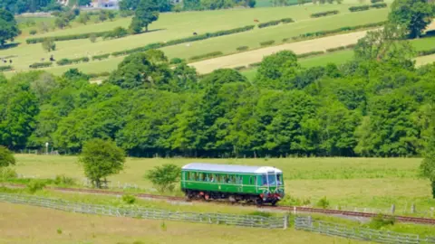 A small green single carriage passenger train running along a single railway line. It is surrounded by fields and trees.