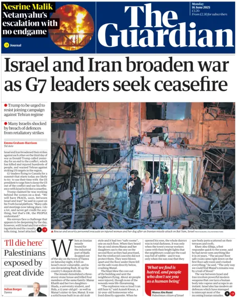 The front page of the Guardian. The headline reads: "Israel and Iran broaden war as G7 leaders seek ceasefire. There is an image of two rescue workers helping a woman and her dog leave a partially destroyed building in Israel.