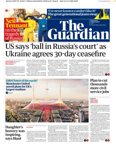 El titular en el frente de The Guardian dice: Estados Unidos dice 'Ball in Rusia's Court', ya que Ucrania acepta el alto el fuego de 30 días