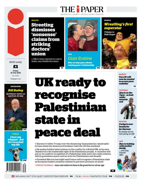 The headline on the front page reads "UK ready to recognise Palestinian state in peace deal".
