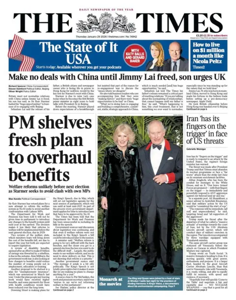 The headline on the front page of the Times reads: "PM shelves fresh plan to overhaul benefits".