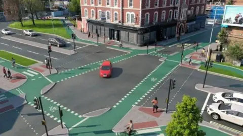 An artist's impression of plans for new cycle lanes at a road junction.  The cycle lanes are green and there are people at crossings. Vehicles are waiting at traffic lights.
