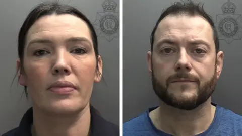 A composite image of police mugshot photos of Pamela Martin (left) and Christopher O'Kane - head and shoulders - taken against a plain grey background. A faint police crest watermark appears behind each head. The lighting is even and neutral, with both people looking directly at the camera. Martin has dark hair and eyes and is wearing a dark top. O'Kane has fair hair and a beard. He is wearing a blue top.