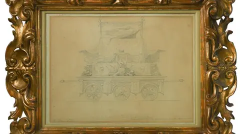 The design for a funeral carriage. It has been drawn in pencil and has been framed with a gold frame. It has been placed on a white background.