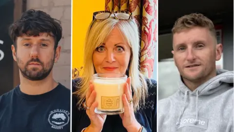 A collage of a man wearing a black T-shirt, a woman holding a candle, and another man wearing a grey hooded top.