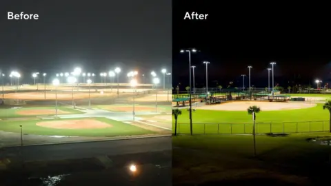 DarkSky UK A side by side image of the same stadium. One of them is bright and the light is spilling out. Another is more efficient, the light is more focused and not effecting the outskirts of the stadium. 