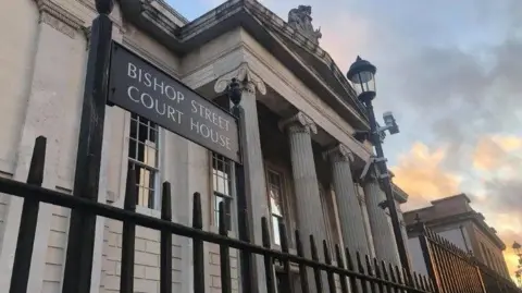 The outside of Bishop Street Court House in Londonderry. A street lamp and black gate is just outside a pillared building. 
