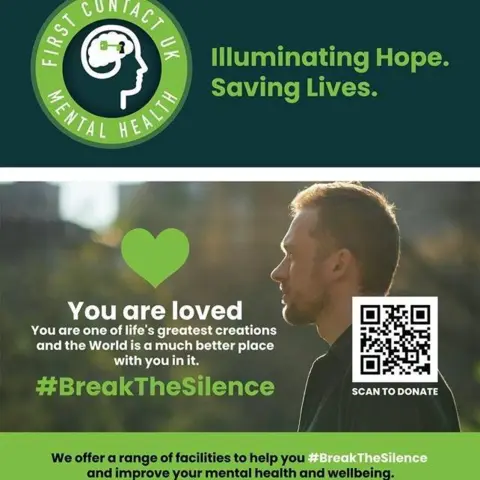 First Contact UK Mental Health A poster produced by First Contact UK Mental Health. It is in green branding with a logo at the top and a tagline that says "illuminating hope, saving lives". It says the charity offers a range of facilities to "help you break the silence and improve your mental health and wellbeing". The image is cropped so the list of services is not visible.