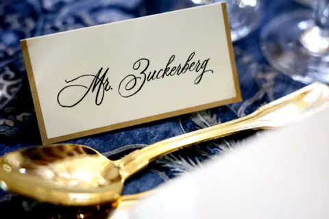 Getty Images The venue is seen setting up for US President-elect Donald Trump's inauguration luncheon at Statuary Hall for Meta and Facebook CEO Mark Zuckerberg. His name is handwritten in sloping script