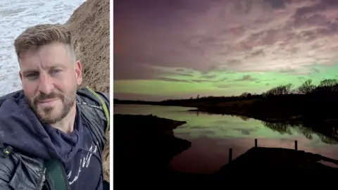 Luke Ferguson on the left of the picture wearing a navy hoodie and a black waterproof jacket and on the right the northern lights in purple and green.