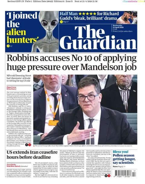 "Robbins accuses No 10 of applying huge pressure over Mandelson job" reads the headline on the front page of the Guardian.