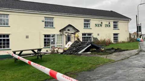 BBC The New Inn pub, with the front porch demolished