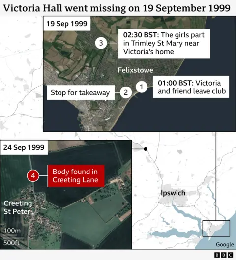 A map showing timeline of Victoria Hall’s disappearance in September 1999. One map highlights Felixstowe with numbered points marking her last known movements: leaving a club at 01:00, stopping for takeaway, and parting from a friend near her home at 02:30. A second map shows Creeting Lane where her body was found on 24 September, a few days after she went missing.