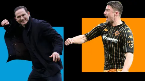 Split image showing Coventry manager Frank Lampard and Hull defender Charlie Hughes, both celebrating