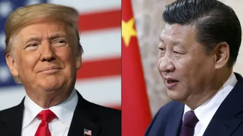 A split image with a close-up of Donald Trump on the left and Xi Jinping on the right
