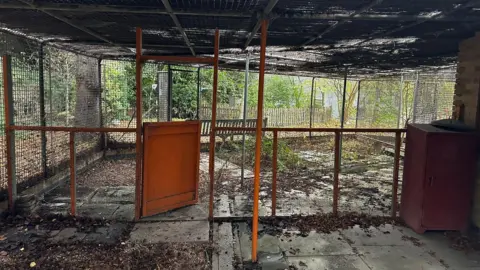 Cleethorpes Wildlife Rescue A large aviary, surrounded by wire netting from floor to ceiling. The space looks neglected, with weeds growing between concrete floor slabs. An orange-coloured gate leads into the aviary. Trees can be seen outside in the background.