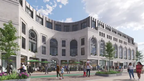 Corstorphine and Wright An illustration of the outside of the former Beatties building with a green path, trees lining the road, people walking outside and sitting in shops.