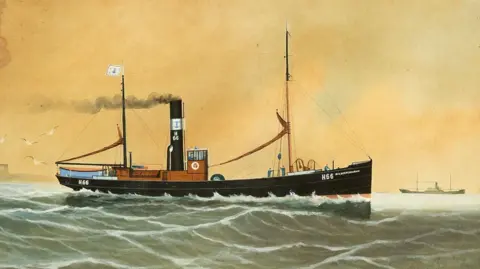 A trawler boat is painted in watercolour and making its way through the ocean with steady waves. A person can be seen at the front of the boat. Seagulls can be seen flying behind it and the sky is yellow. Another boat can be seen in the distance.