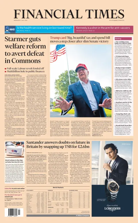 BBC "Starmer guts welfare reform to avert defeat in Commons" reads the front page of the Financial Times.