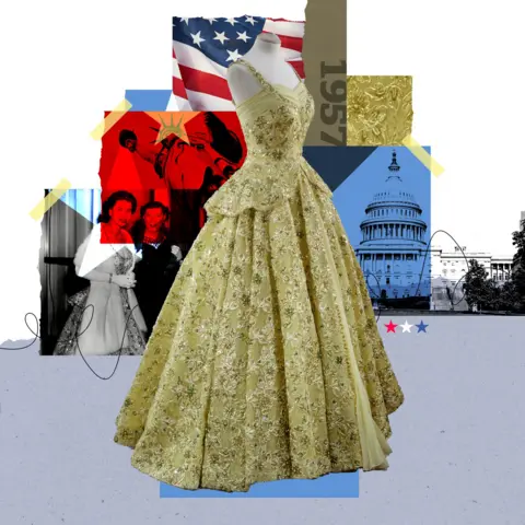 Queen Fashion illustration - includes image of the green bejewelled full-length sleeveless dress