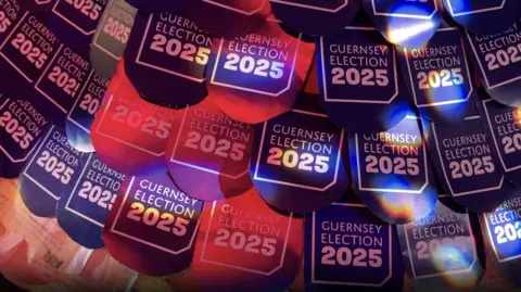 Close ups of cut outs arranged on the dress from the 2025 manifesto booklet with a focus on the logo which read "Guernsey Election 2025."