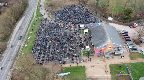 Chilly Willy An aerial view of a previous Chilly Willy event shows hundred of motorbikes in a car park next ot the Bedford Road in Northampton.