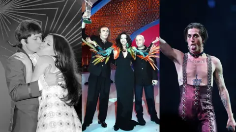Cliff Richard and Massiel at Eurovision 1968, Dana International at Eurovision 1998, and Maneskin's lead singer Damiano David at Eurovision 2021