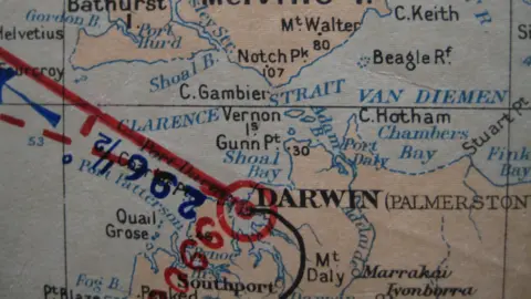 East Riding of Yorkshire Council  A section of the map shows Darwen and has red and blue ink showing the route Amy Johnson took as well as compass bearings