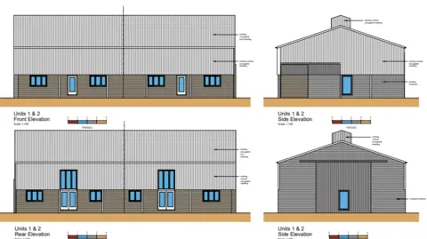 Swann Edwards Architects An architect's drawing submitted as part of a planning application, showing what the agricultural barns could look like if turned into homes, displaying windows and doorways.