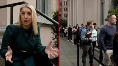 Split surface  of BBC's Anna Foster and voters queuing 