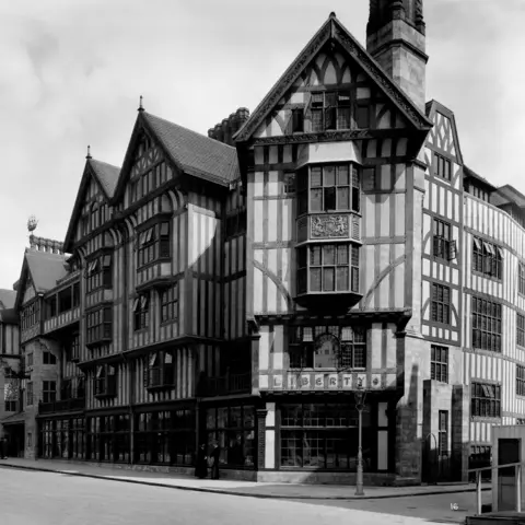 Getty Images Exterior view showing the Great Marlborough Street facade of Liberty's newly completed Arts and Crafts Tudor style department store.
