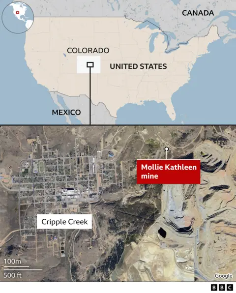 A map showing where Cripple Creek is located in the United States and a pull-out satellite image showing how the Mollie Kathleen mine is located north east of Cripple Creek