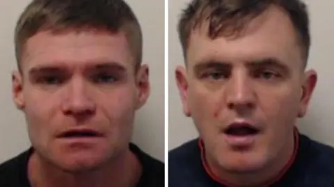 Police mughots of Simon Roberts and Sean McKie side by side. They both have short, brown hair and are wearing black tops. They are both staring at the camera and McKie has his month open.