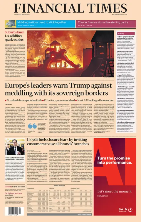 Financial Times headline reads: "Europe's leaders warn Trump against meddling with its sovereign borders"