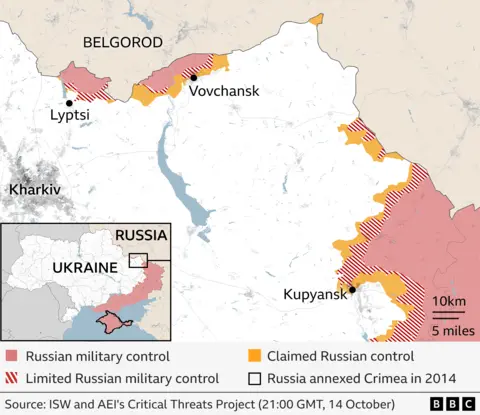 Map showing Russian military control in parts of Ukraine near Belgorod on 14 October. Areas under Russian control are shaded red, limited control is marked with red stripes, and claimed control is shown in yellow. Key locations labelled include Belgorod, Vovchansk, Lyptsi, Kharkiv, and Kupyansk. Source: ISW.