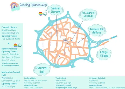 Melissa Smith and Leonie Schmid A map of Coventry pointing out the resting space locations around the city including the Central Library, St Mary's Guildhall, Herbert Art Gallery, Fargo Village, and Central Hall.