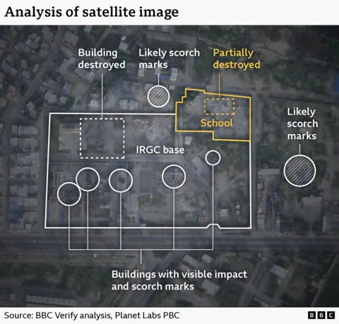 An annotated graphic that shows the analysis of the satellite image of the school and IRGC base, it shows several scorch marks, damaged buildings and visible impact craters.